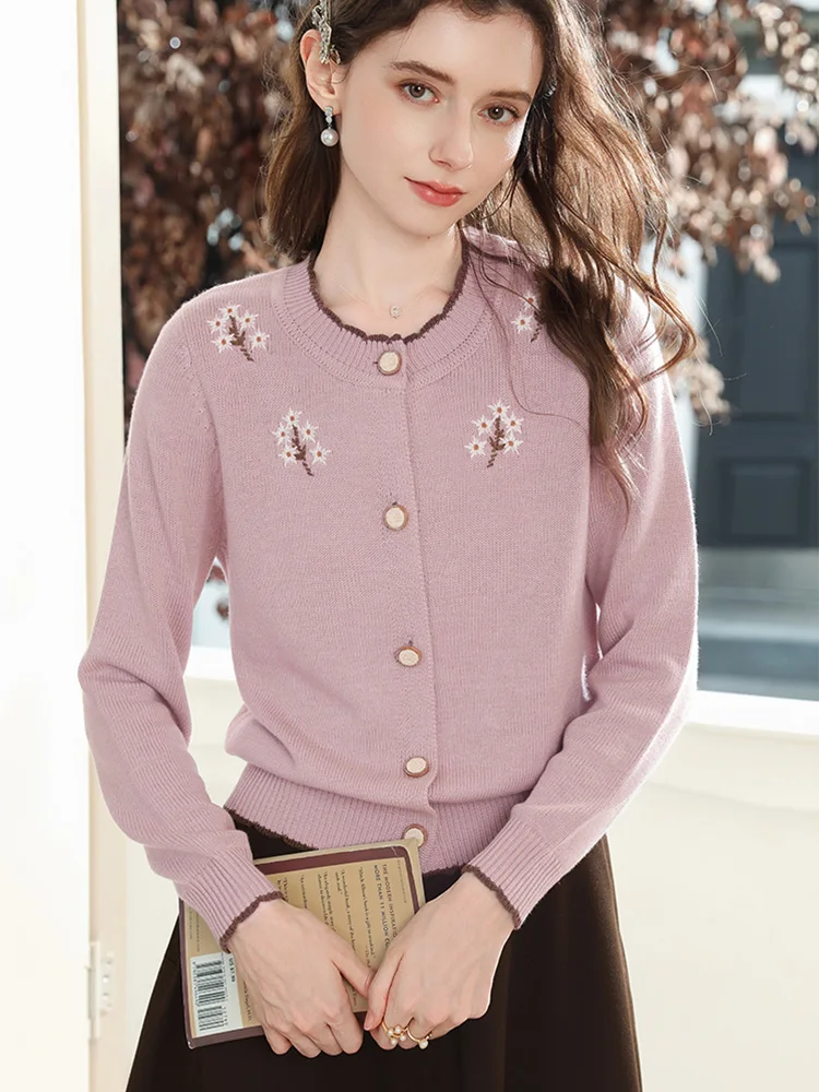 سترة نسائية من I Believe You لخريف 2025 سترة محبوكة مطرزة باللون الأرجواني الجديد بأكمام طويلة 2254146098