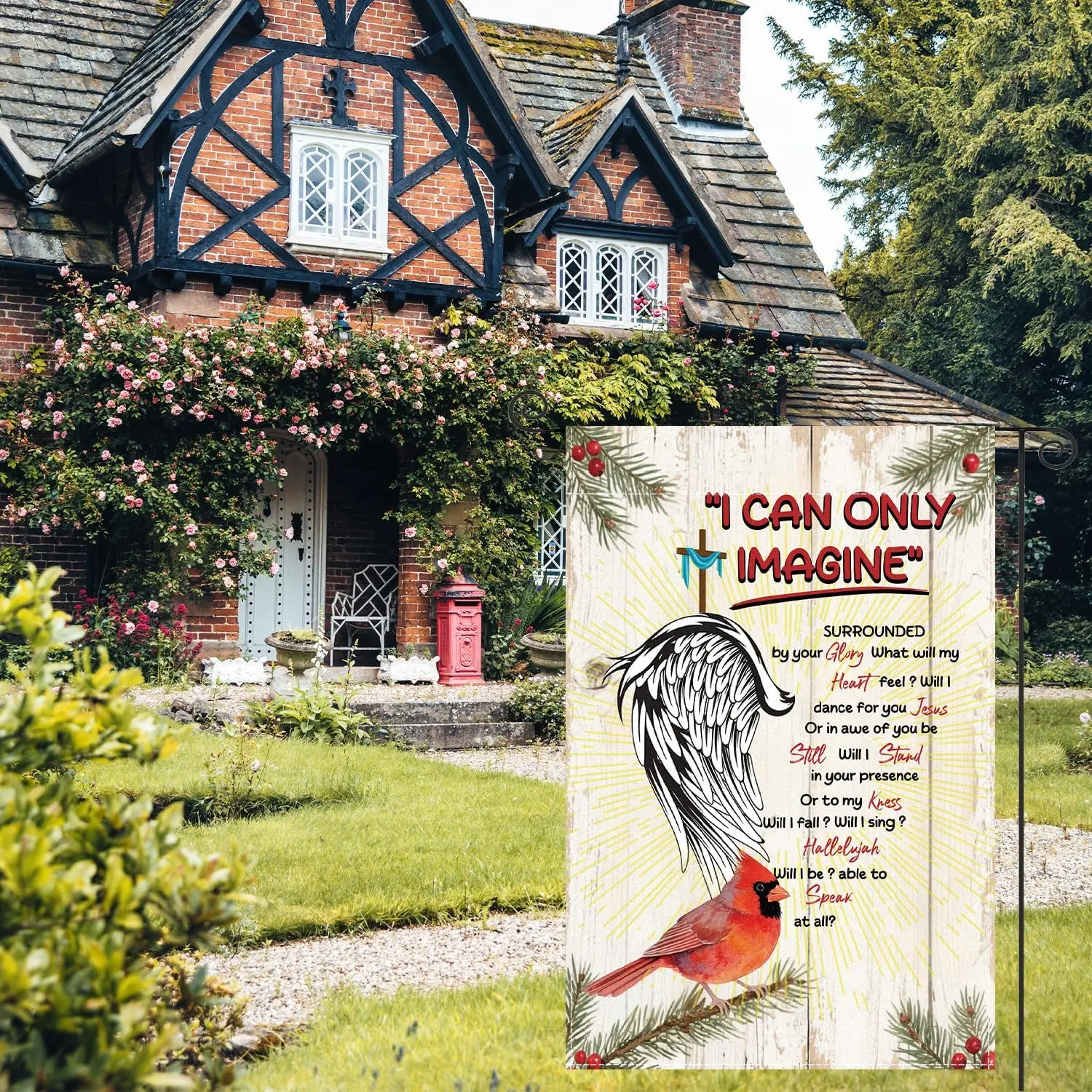 Christian Cardinal Garden Flag Religious Red Birds Cross Wings 12 x 18 Inch Double Side Yard Flag Holy Bible Quotes Love Hea IIC
