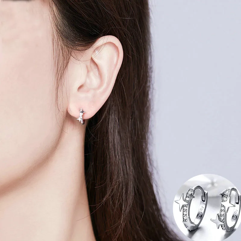 

100% 925 Sterling Silver Zircon Star Hoop Earrings for Women Girl Simple Geometric Design Jewelry Party Gift Dropshipping