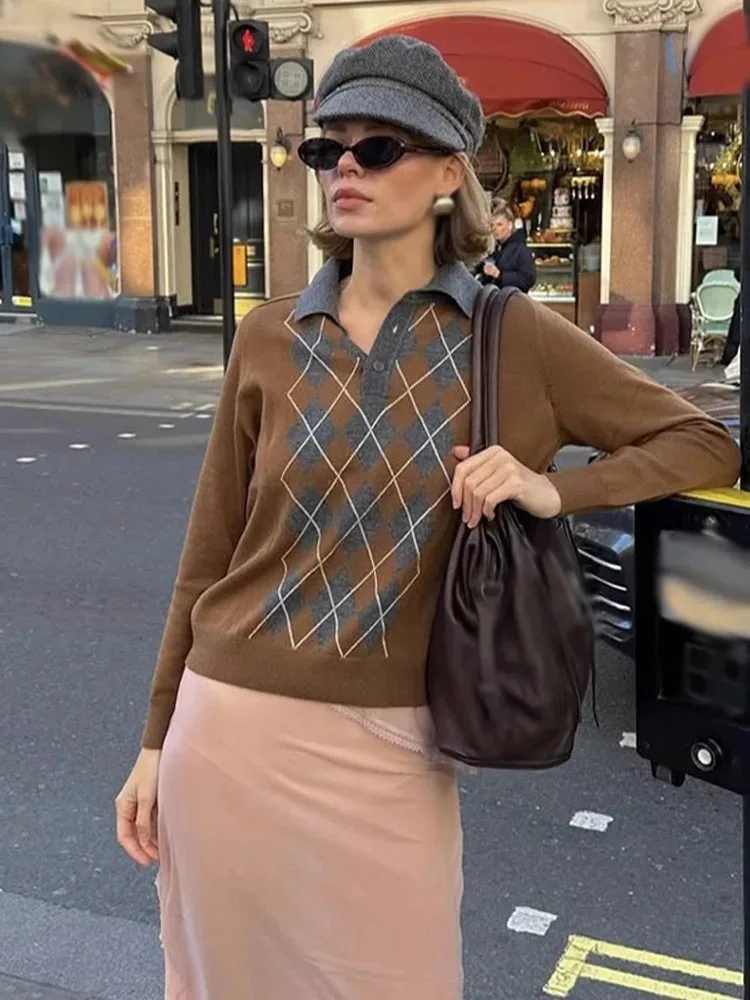 Contrast Brown Gray Argyle Check Polo Collar Knit Top Women Contrast Collar Half Placket Long Sleeve Women Casual Sweater 260701