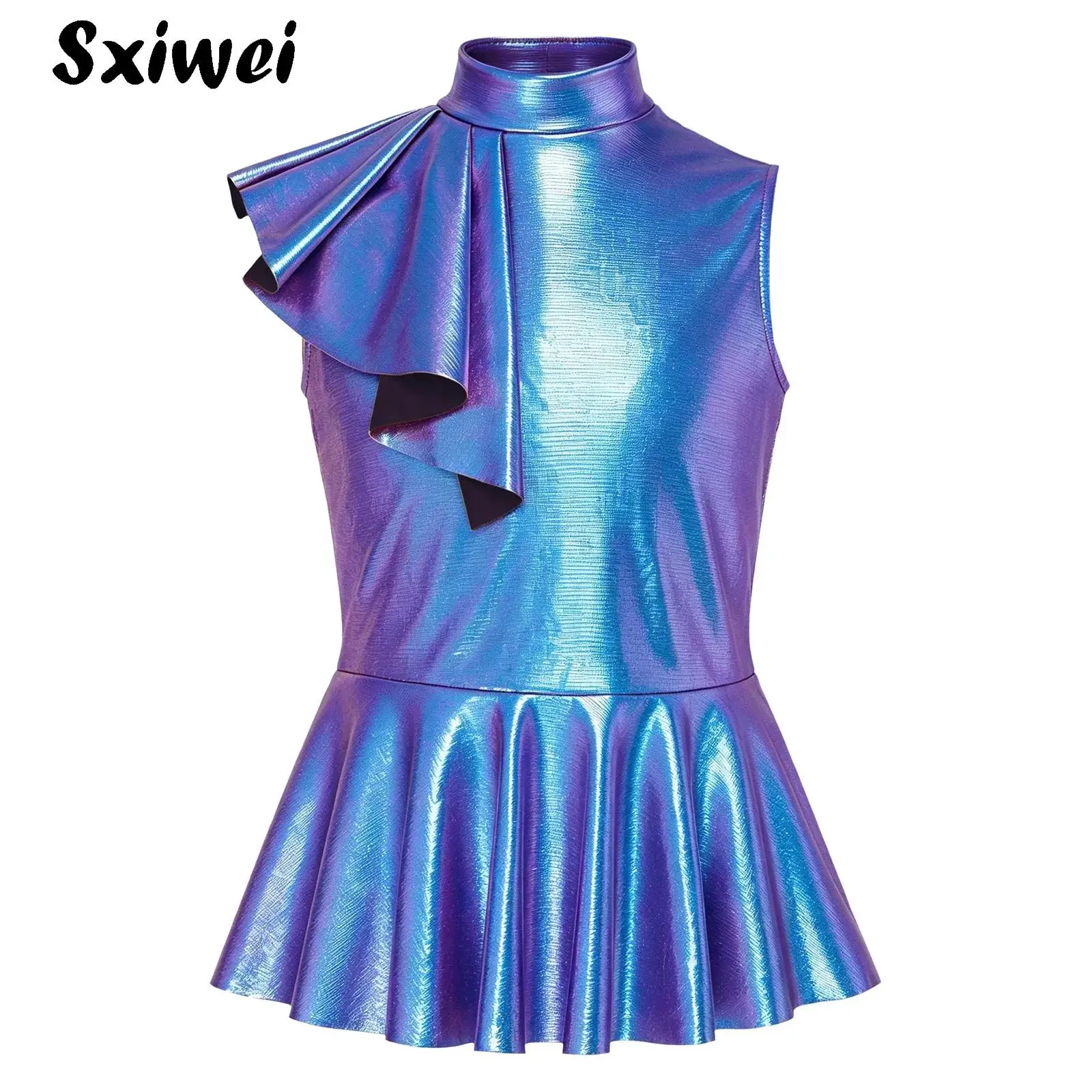 Kids Sleeveless Shiny Peplum Tops Girls Metallic Hip-Hop Jazz Dance Costume Child Asymmetrical Ruffle Birthday Party Vest Top