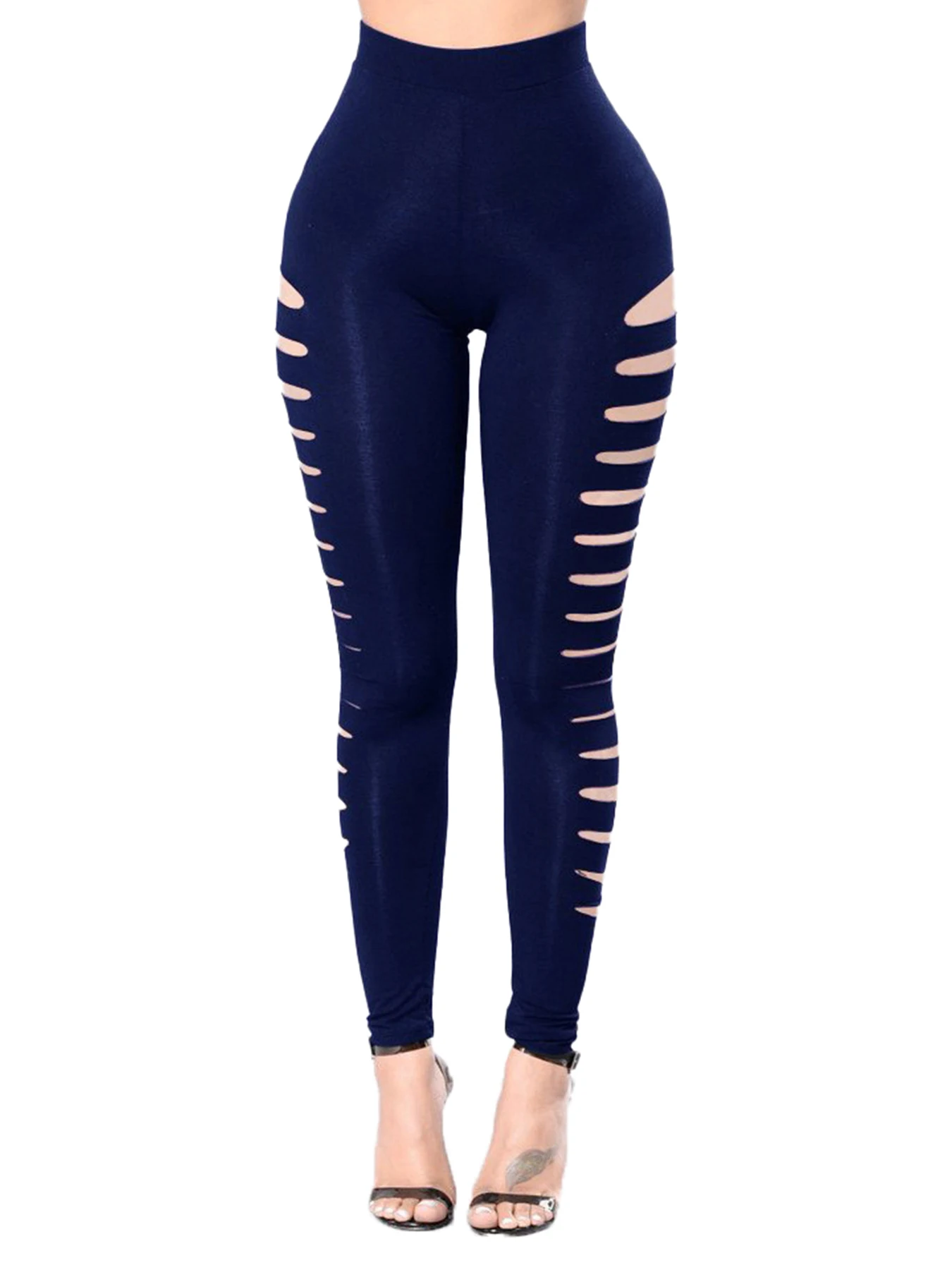 New Spring And Autumn Women Fashion Navy Blue Side Hole Nine-quarter Pants Tight Leggings Women Elastic Side Hole Leggings