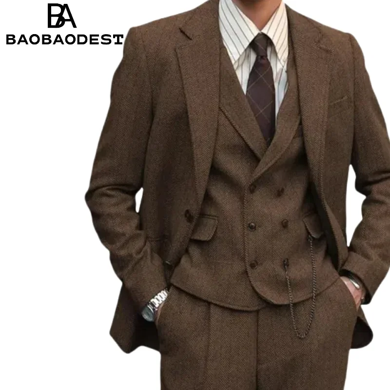 

Mens Formal Tweed Wool 3 Piece Wedding Slim Fit Suit Prom Tuxedo Groomsmen