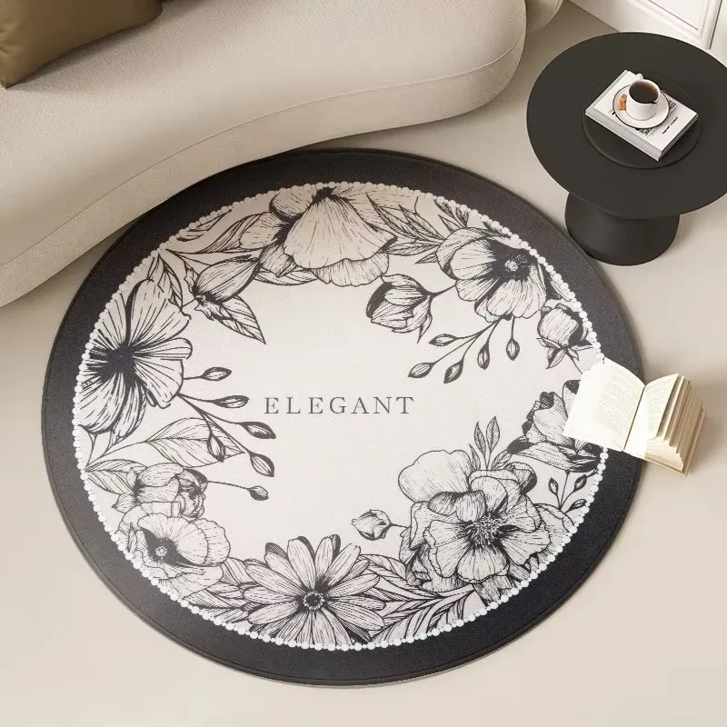 French Cream Tone Circular Rug, Premium Printed Bedroom Floor Carpet