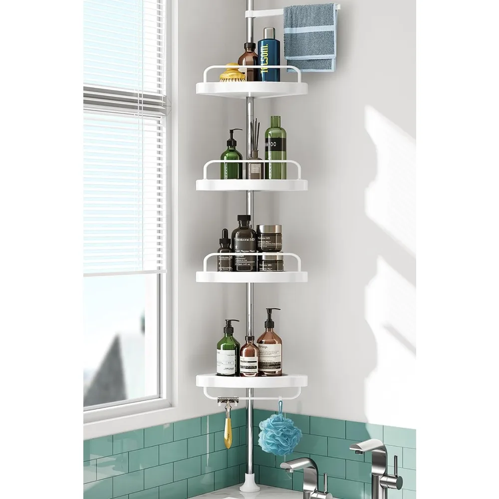 Corner Shower Caddy Tension Pole: Rust Proof 4Tier Shampoo Storage Organizer for Inside Shower - Telescoping Rod Shower Rack for