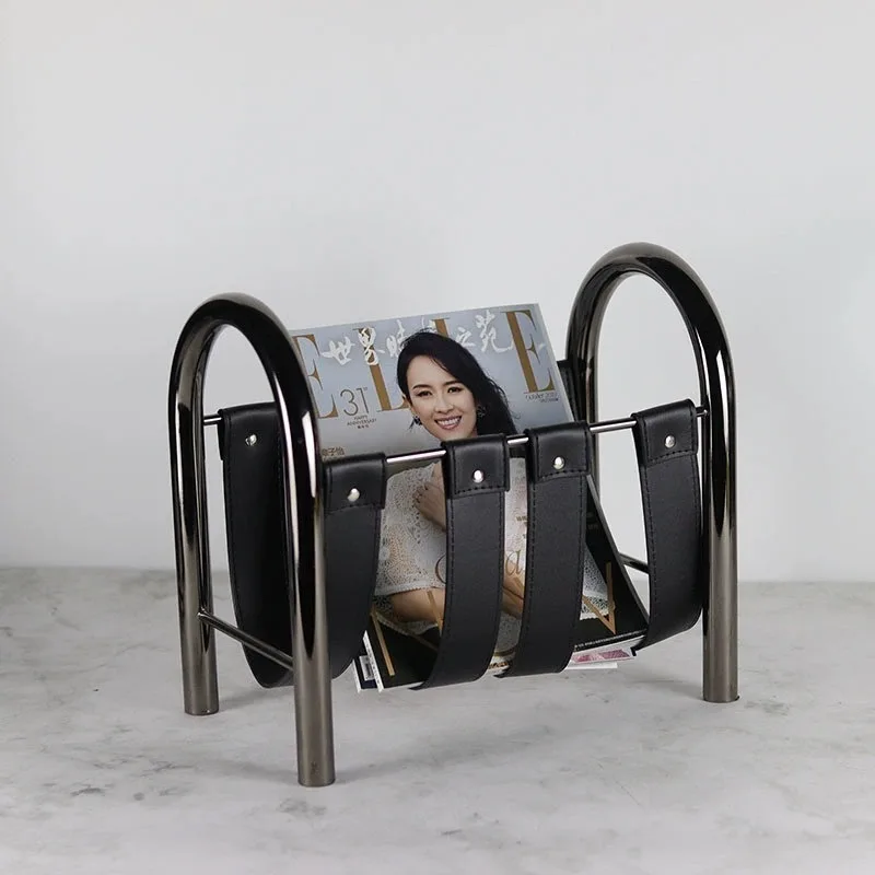 رف المجلات، تخزين الدراسة، رف تخزين إبداعي محمول باليد، جلد أسود معدني حديث #3