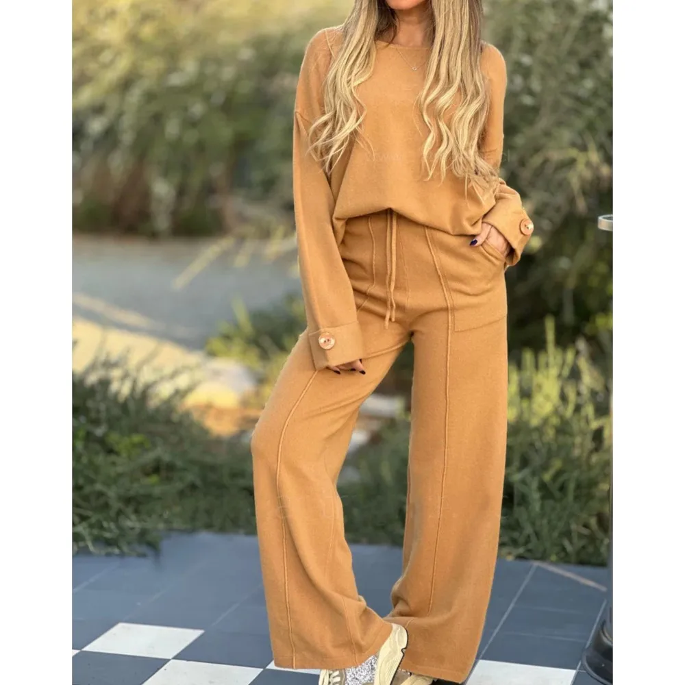 Women\'s Suit 2024 New Fashion Casual Solid Color Long Sleeve Tops Wide Leg Pants Long Pants Two Piece Set Woman Rompers Conjunto