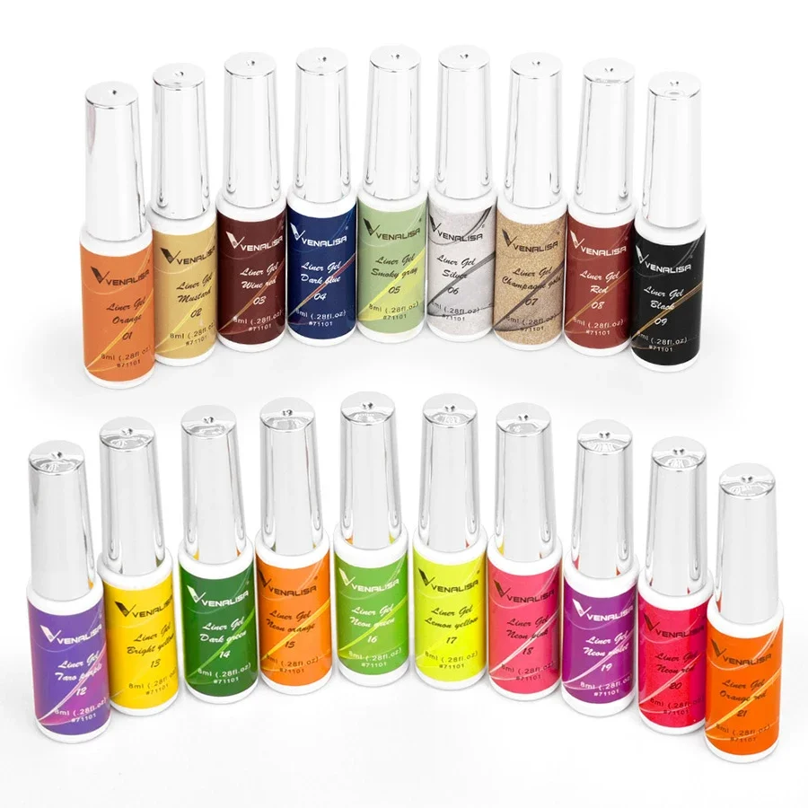 VENALISA 8ml Liner Gel Nail Art Painting with Fine Brush 21 Colors for French Tips Line Drawing Glitter Neon Nail Design