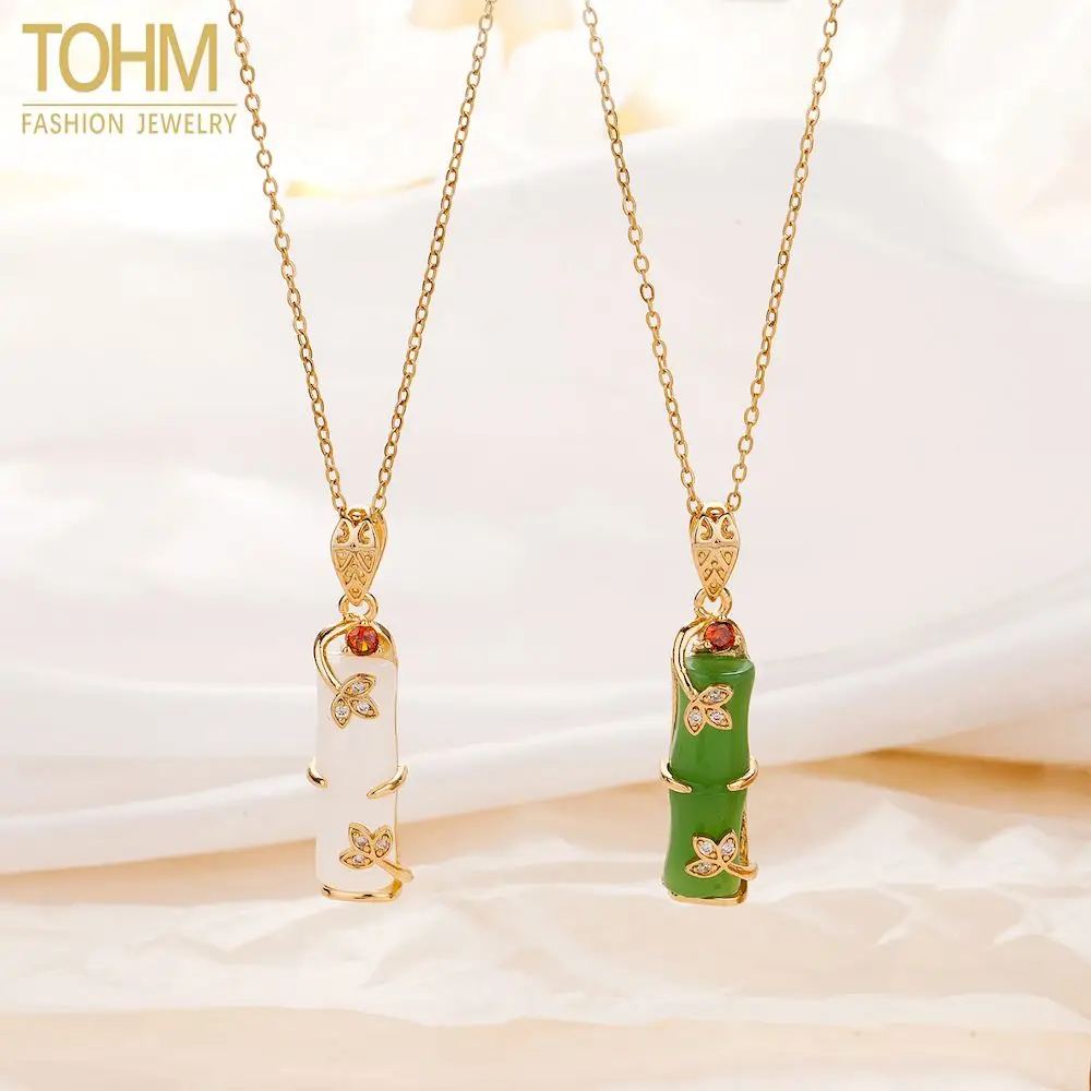 

TOHM Stainless Steel Chain Vintage Green Bamboo Pendant Necklace Women Girls Waterproof Fashion Geometric Choker Jewelry Gifts