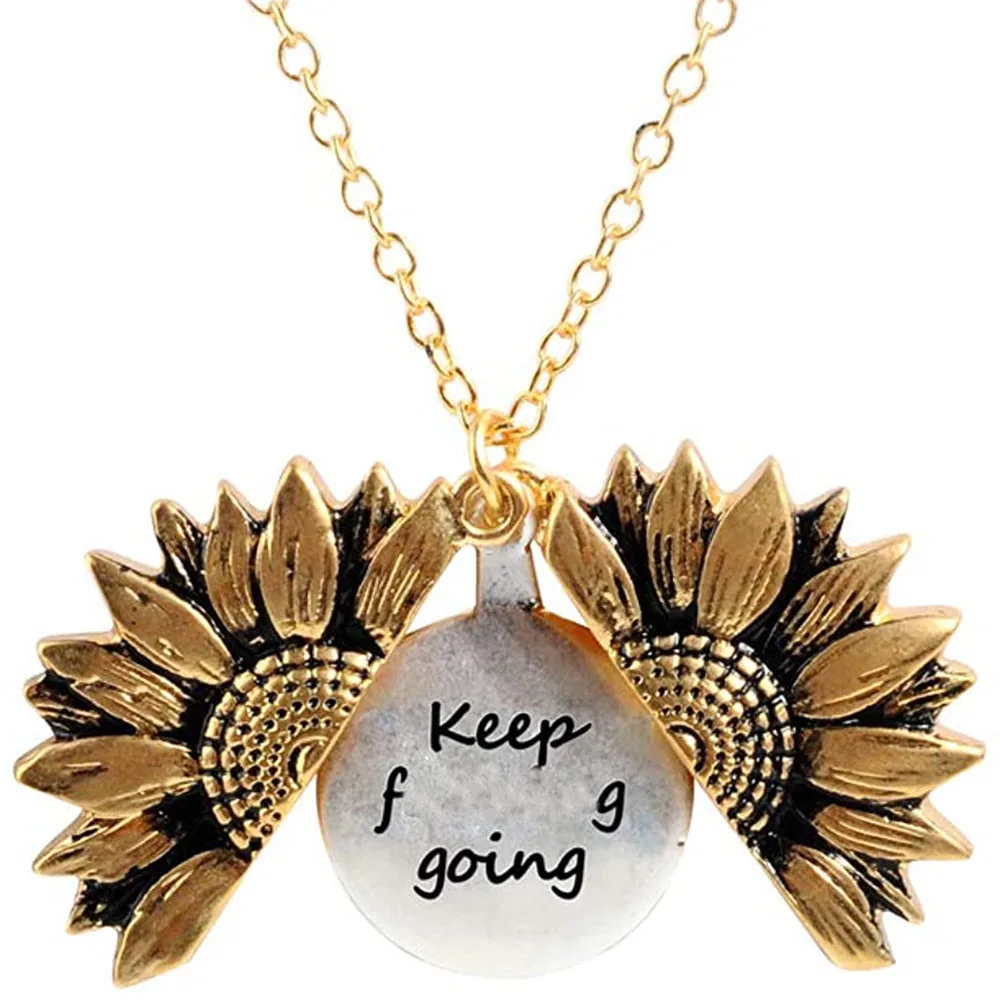 Sloong Keep Going Engraved Necklace Inspirational Sunflower Locket Necklace Jewelry for Women Girlfriend