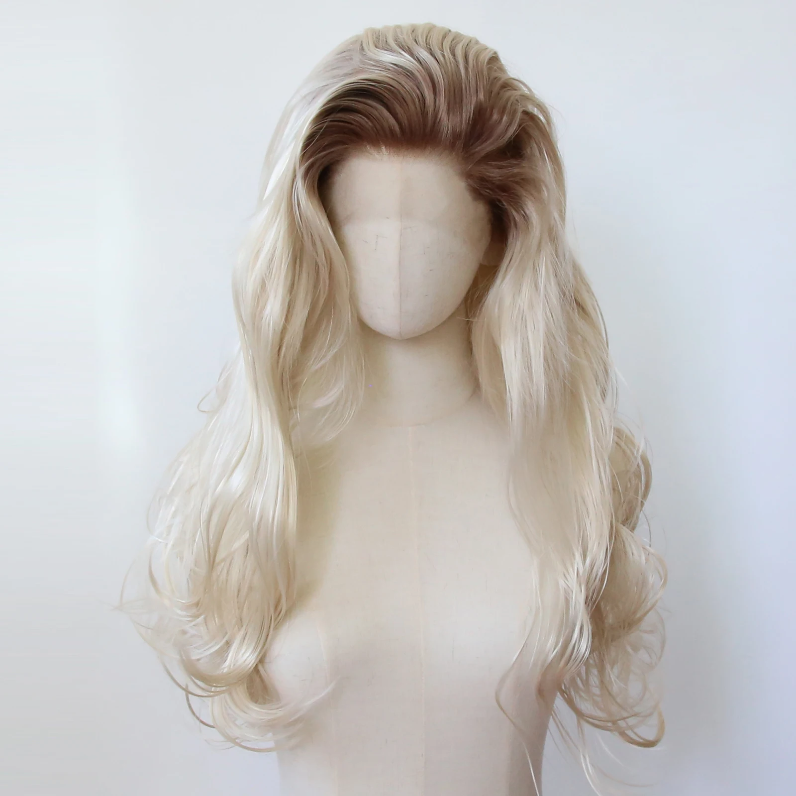 Perruque Lace Front Wig Synthétique Longue Ondulée, Cheveux en Fibre, Blond Clair Ombré, Pre-Plucked, Degré de Chaleur