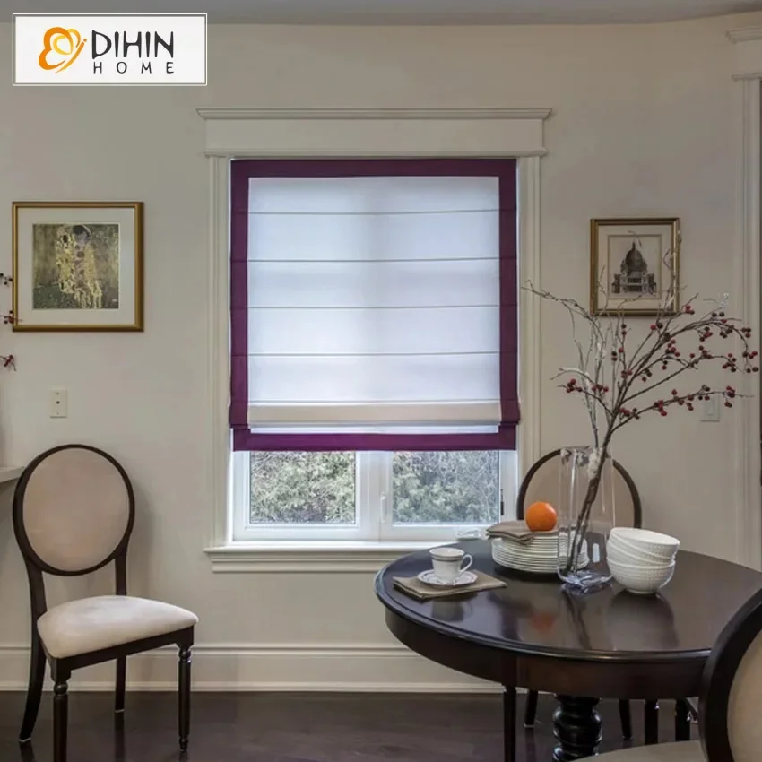 

Modern Cotton Linen White With Purple Four Border Trims Roman Shades Light Filter / Blackout Blinds Chain Mechanism