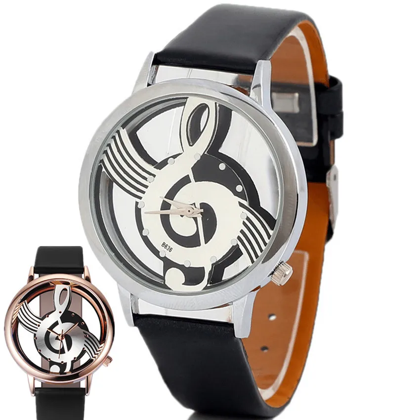 Moda Hollow kształt muzyki zegarek okrągła tarcza wykwintny biały czarny skórzany Casual damski prosty zegarek na rękę Relojes Drop Shipping