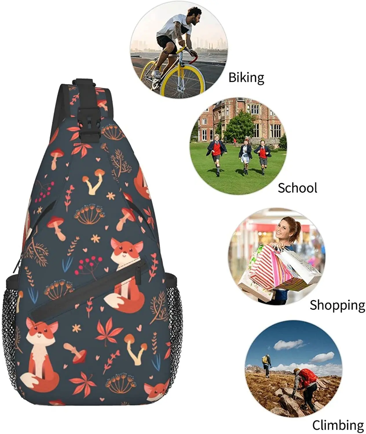 Unisex Mannen Vrouwen 3D Gedrukt Vos Dieren Sling Bag Crossbody Borst Dagrugzak Lichtgewicht Casual Rugzak Schoudertas Voor Outdoor