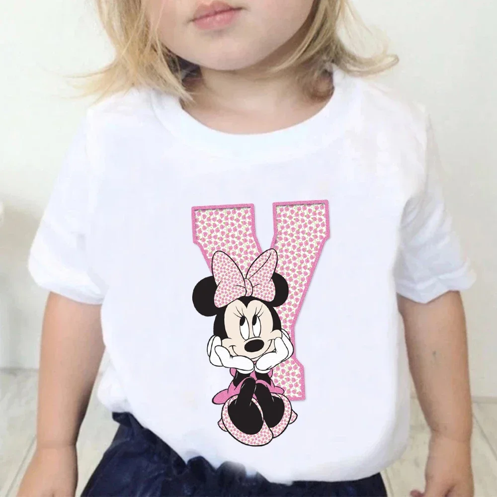 Minnie Children Cotton T-Shirts Letter A-Z Name Combination Disney Kawaii Cartoons Clothes Kids Little Boy Girl Tee Casual Tops