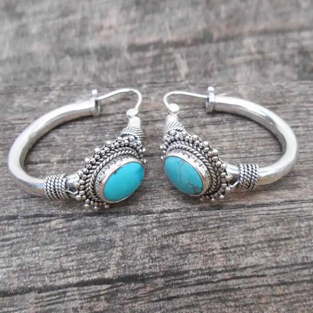 1 Pair Blue Turquoise Bohemia Retro Earrings Unique Carved Oval Piercing Hoop Earrings Jewelry Accessories