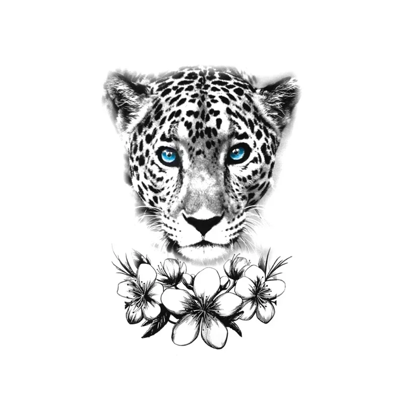 Temporary Tattoo Stickers Cool Black Leopard Blue Eyes Flower Fake Tatto Waterproof Tatoos Arm Body Art Large Size for Women Men