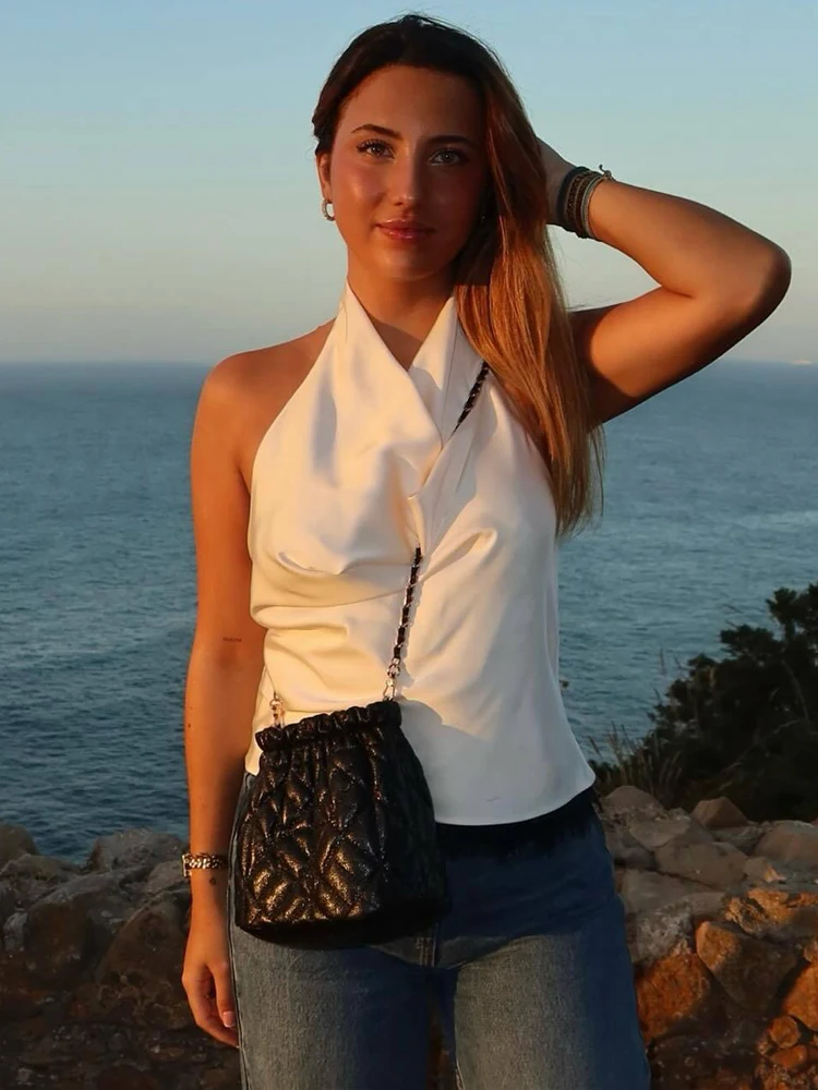 HH Primavera Elegante Top Halter de Satén para Mujer 2026 Verano Sin Espalda Hombros Descubiertos Corsé Chaleco Moda Femenina Top Corto Ajustado