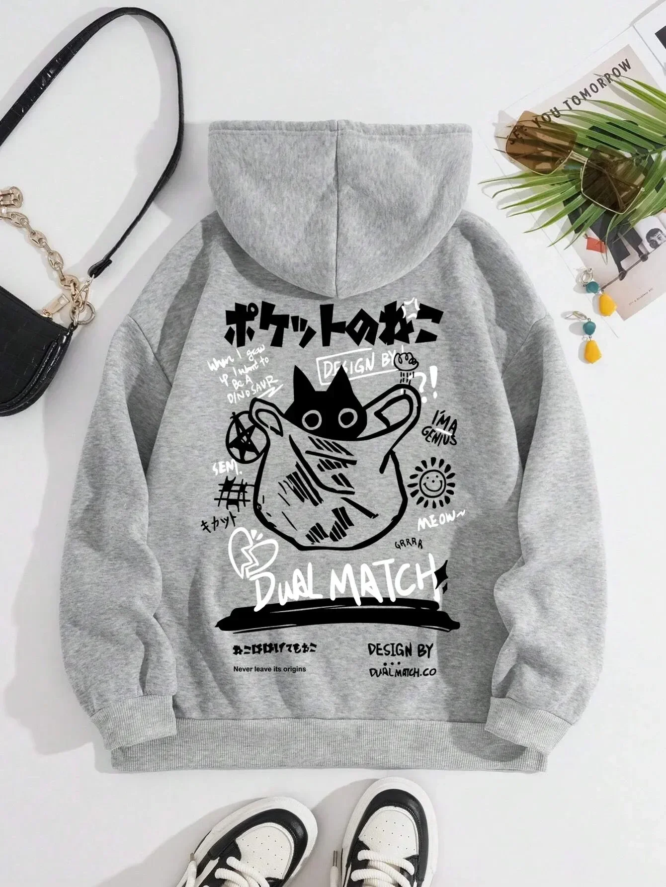 Japan Style Black Cat Hoodie Men Women Outdoor Street Casual Fashion Sport Cartoon Longsleeve Adult Autumn Winter Sweatshirt Top