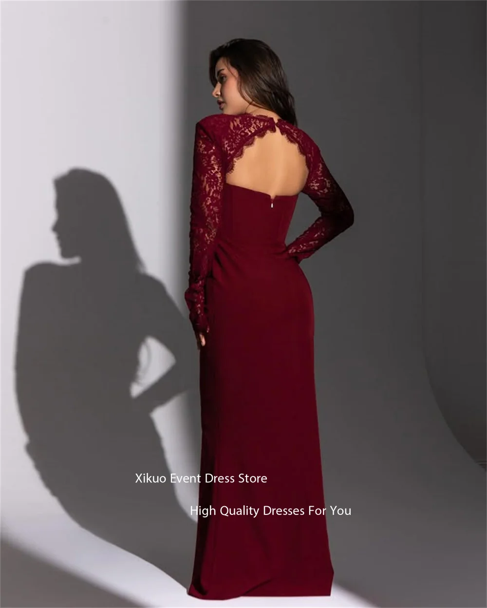 Xikuo Lange Applikationen Spitze Ärmel Abendkleider Burgund Gerade Robe Cocktail Femmes Satin Chic Robes De Soirée Angepasst