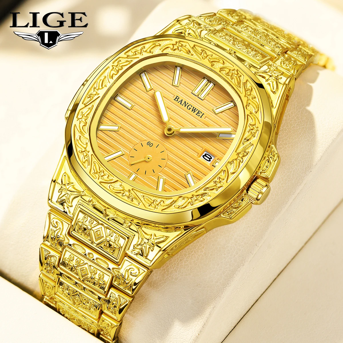LIGE Retro Top Luxury Quartz Watch Men Wristwatch Waterproof Fashion Casual Golden Classic Calendar Waterproof Watch Male Clock