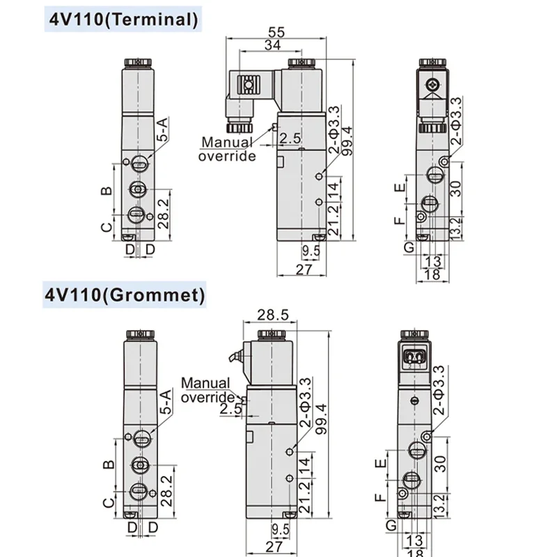 4V110-06 1/8 Bsp Air Solenoid Valve 5 Way Port 2 Position Gas Pneumatic Electric Magnetic Valves DC12V 24V 110 V220V Coil Volt