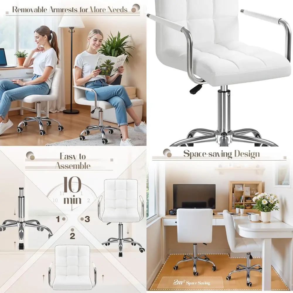 

Modern Ribbed PU Leather Mid-Back Office Chair with 360 Swivel, Adjustable for Home Desk, White