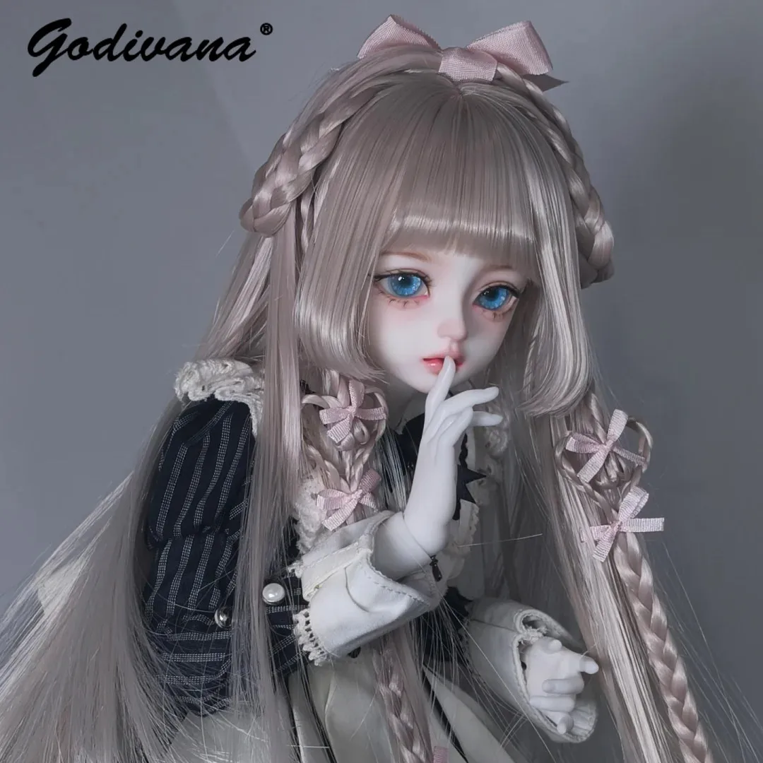 Original Girly 1/3 1/4 BJD Doll Wig Long Braided Hair with Pink Bow Cute Double Braid Bangs Doll Hair for 1/6 BJD Blythe