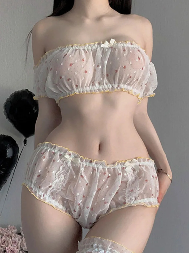 Lingerie Slim Thin Sexy One Line Collar Polka Dot Mesh Mini Shorts Set Sheer Sweet Cute Seductive Romantic Backless Bold BX0T