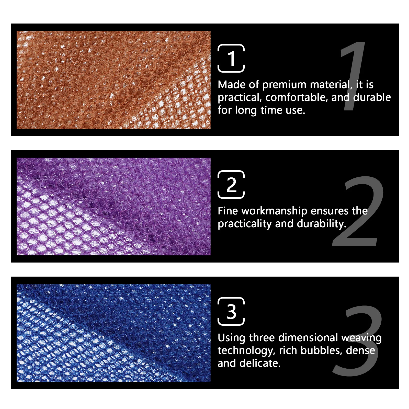 

3pcs Bath Scrubber Towel Premium Body Skin Exfoliating Tool Deep Cleaning Durable Household Shower Use Lanyard Design Convenient