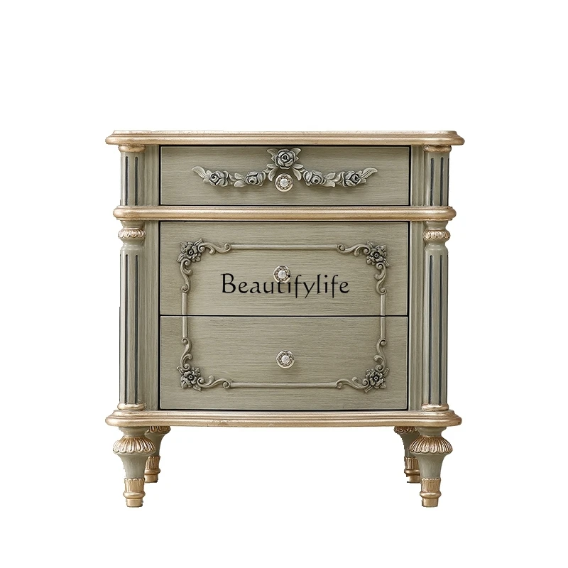 

High-end European solid wood bedside table neoclassical small locker French luxury