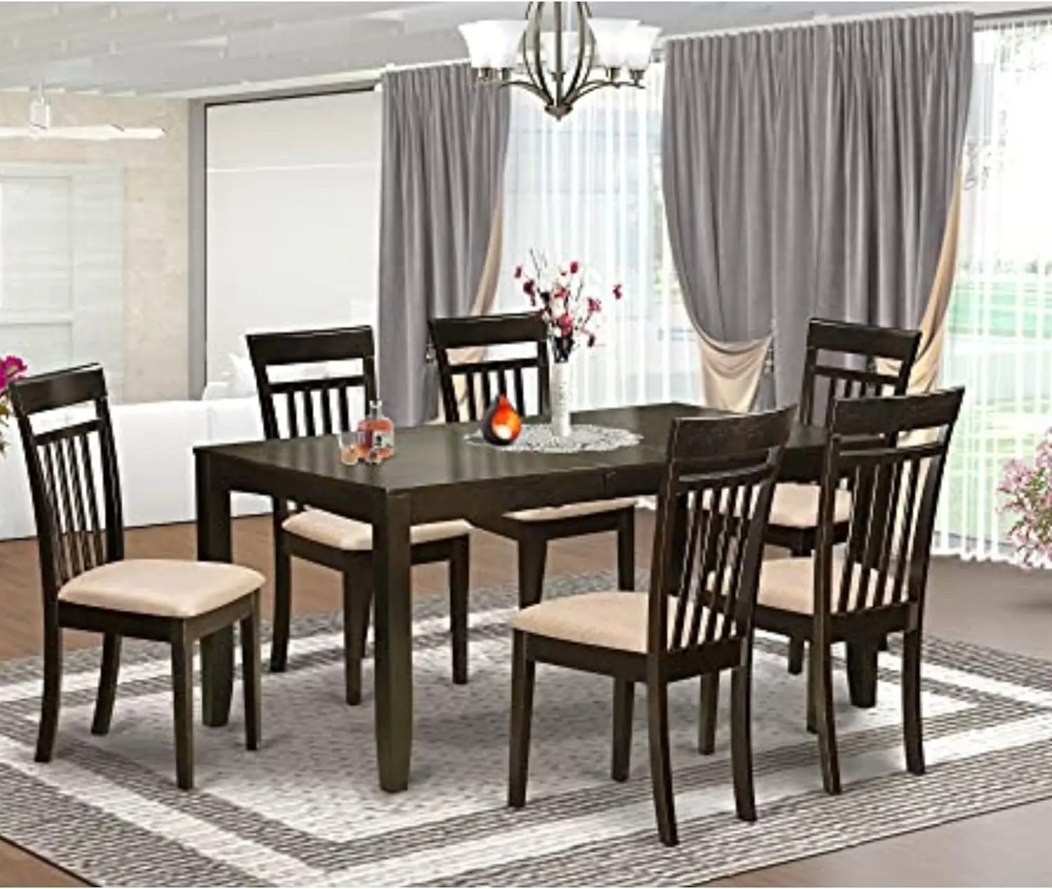 7 Piece Room Set Consist of a Rectangle Wooden Table with Butterfly Leaf and 6 Linen Fabric Kitchen Dining Chairs,