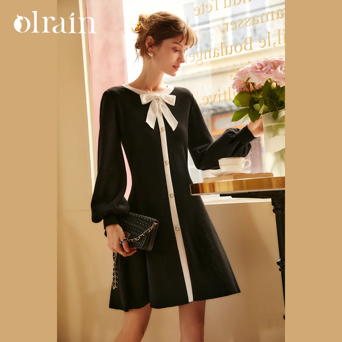 

OLrain Women's French Dress Solid Knitted O-neck Lantern Sleeve Dresses 2025 Autumn Winter Bow Commute Woman Clothing O21DL59031