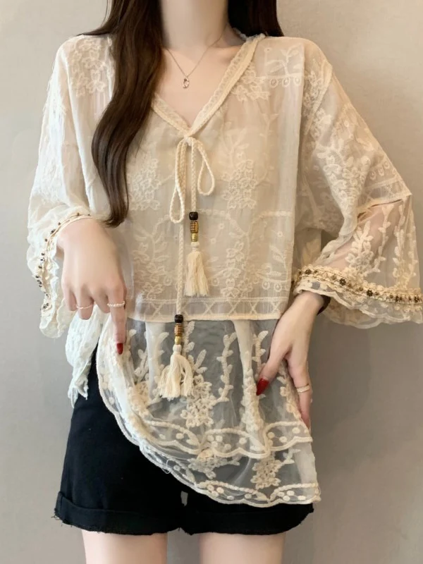 

Bohemian Lace Embroidery V-Neck Short Sleeve Chiffon Shirt Women's Summer New plus Size Fashion Korean Style Loose Fit Top