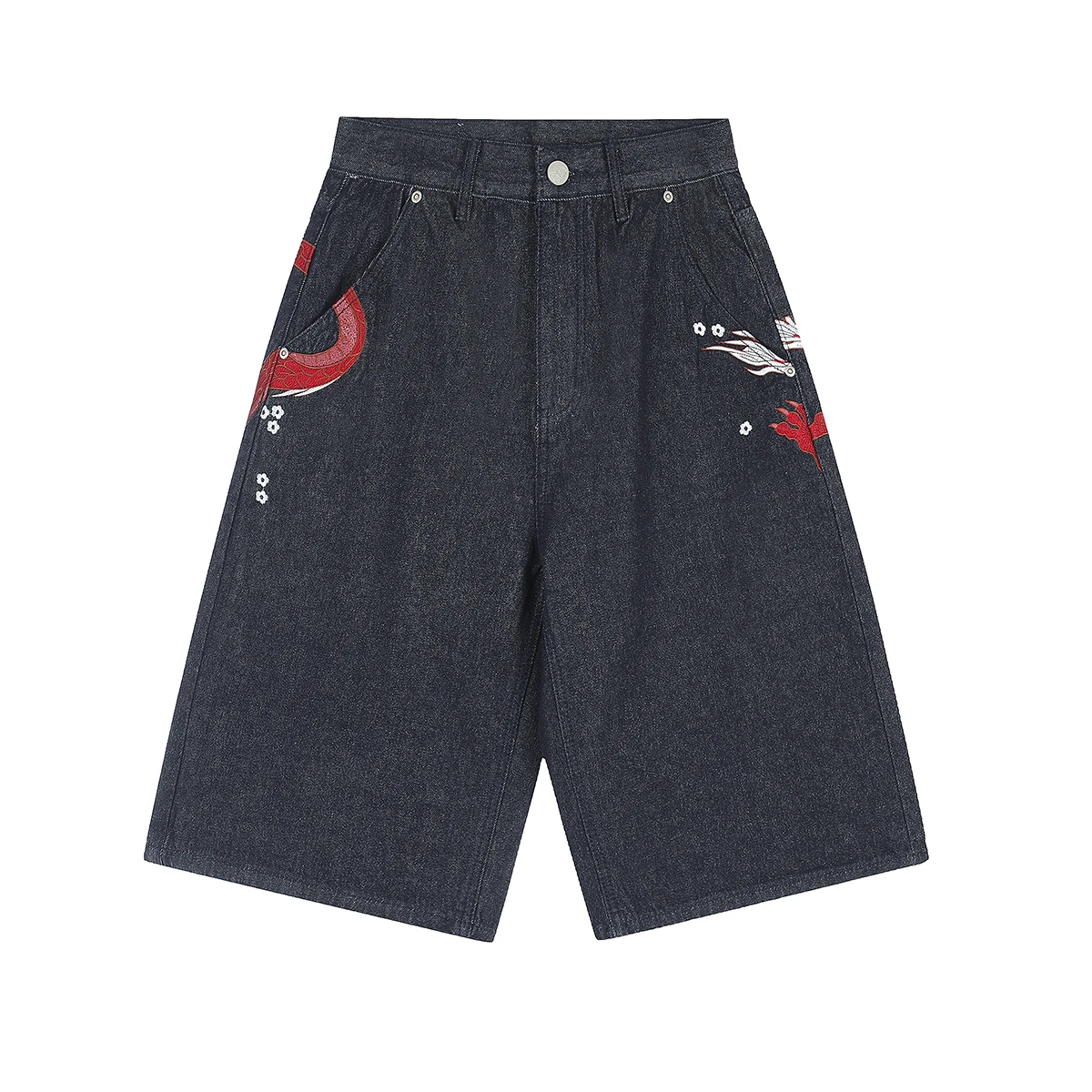 Red Dragon Embroidery Heavy Industry Washed Jeans Shorts for Men and Women Vintage Casual Baggy Denim Shorts