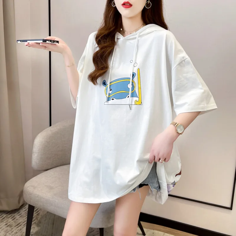 #0603 Black White Purple Hooded T Shirt Women Cotton Cartoon Printed T Shirt Short Sleeves Loose Long Streetwear T-shirt Summer