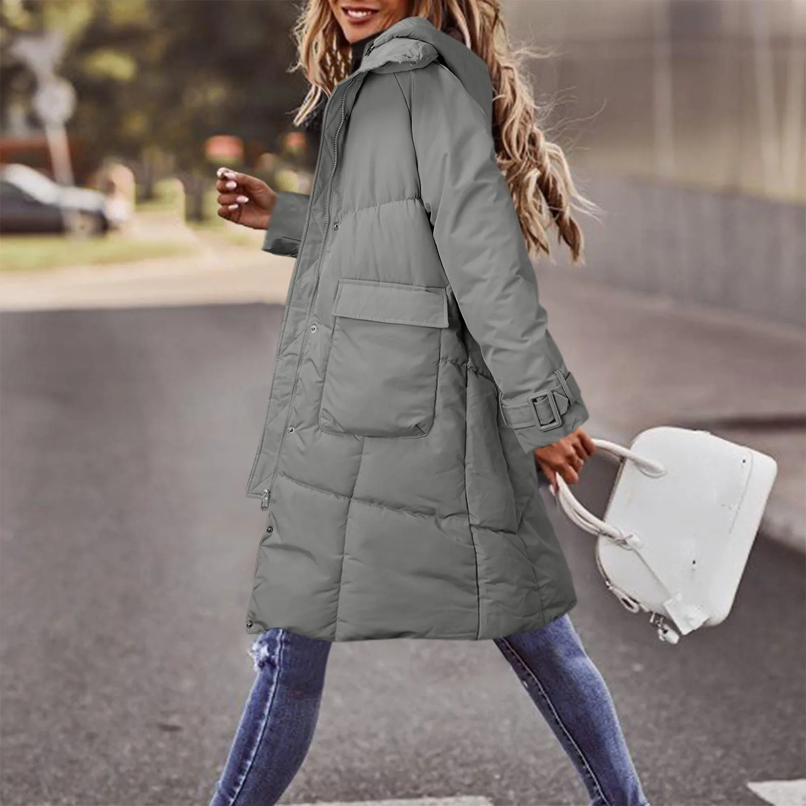 Winter Women Down Jackets Casual Solid Coat Down Cotton Padded Jacket Hooded Vest Zipper Pocket Loose Long Sleeve Coat