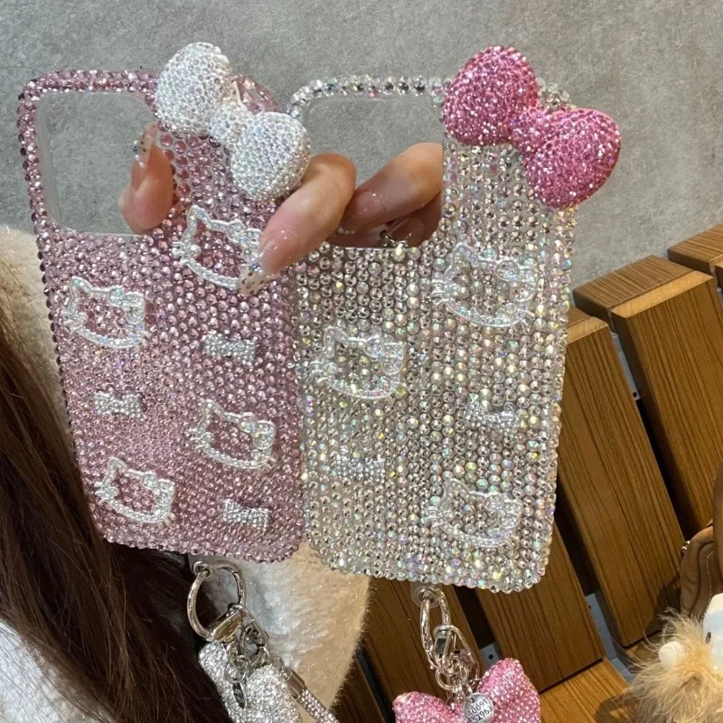 

New Cartoon Hello Kitty Bow Glossy Lined Phone Case All-inclusive Suitable for IPhone 16 15 14 Plus 13 14 17 Pro Max Girls Gift