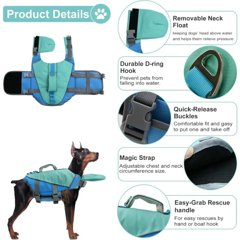 سترة نجاة للكلاب، سترة سمك القرش الآمنة للسباحة مع مقبض إنقاذ، سترة سباحة عائمة قابلة للتعديل للجرو والقوارب ومنقذة للحياة للحيوانات الأليفة