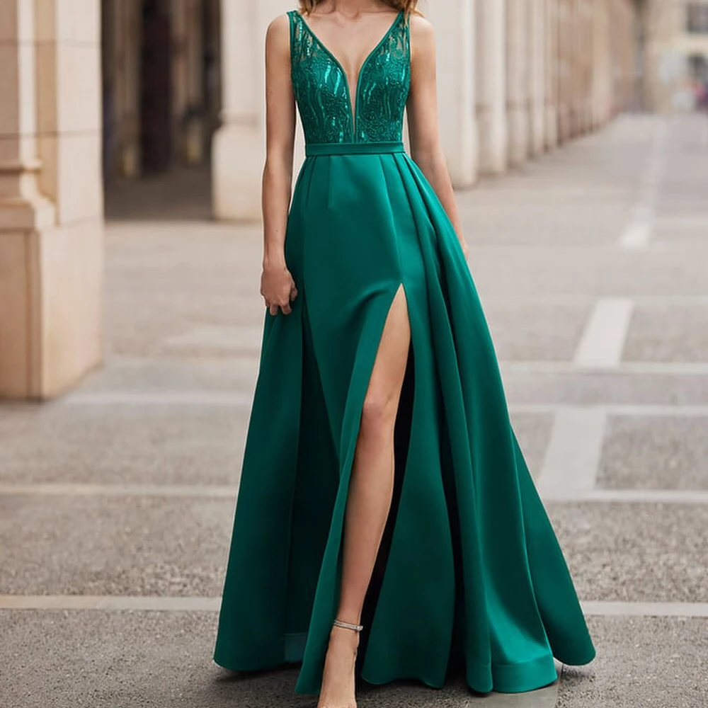 

Customized A-line Evening Dresses Floor-length V-neck Sleeveless Prom Gown Fashion Sequined Side-split Draped Casual Party Gown
