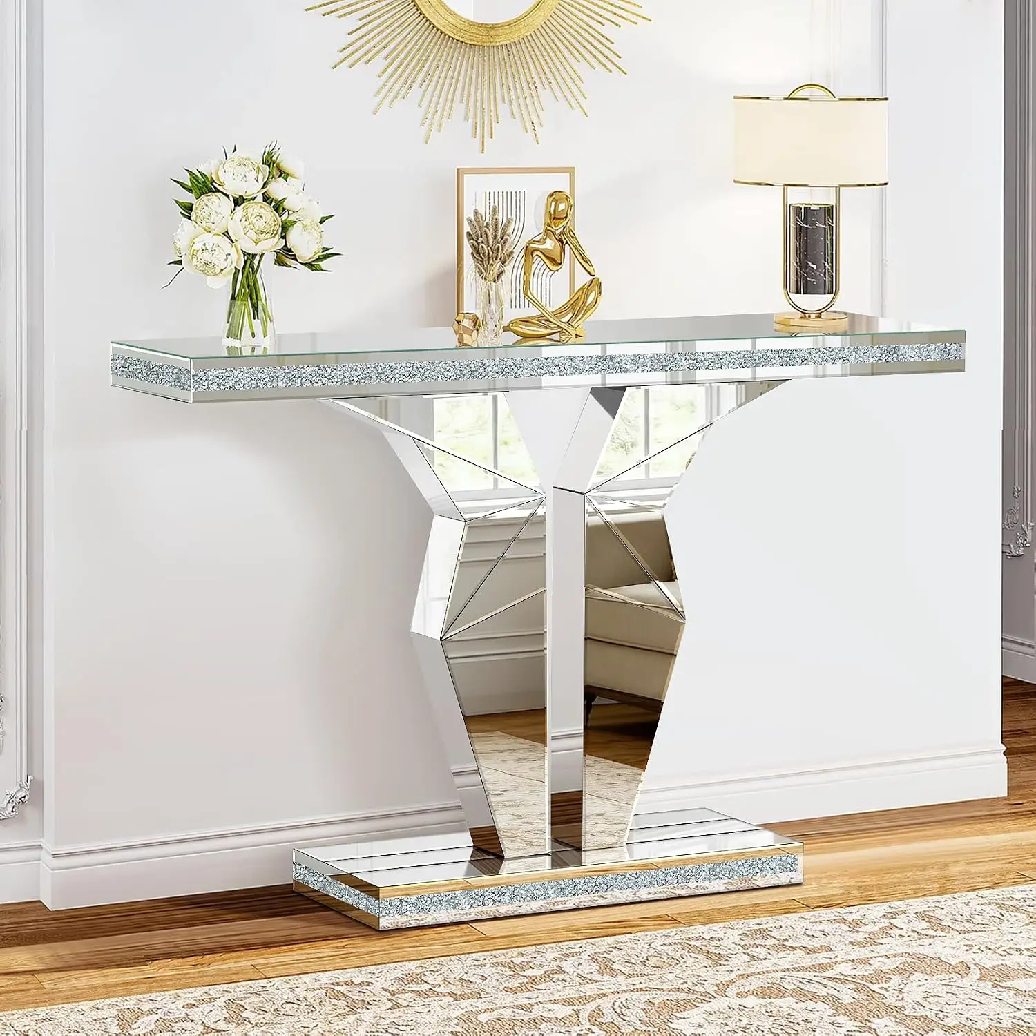 Modern Mirrored Console Table with Crushed Diamond Inlay, 39.4 Inch V-Shaped Entryway Table , Customized