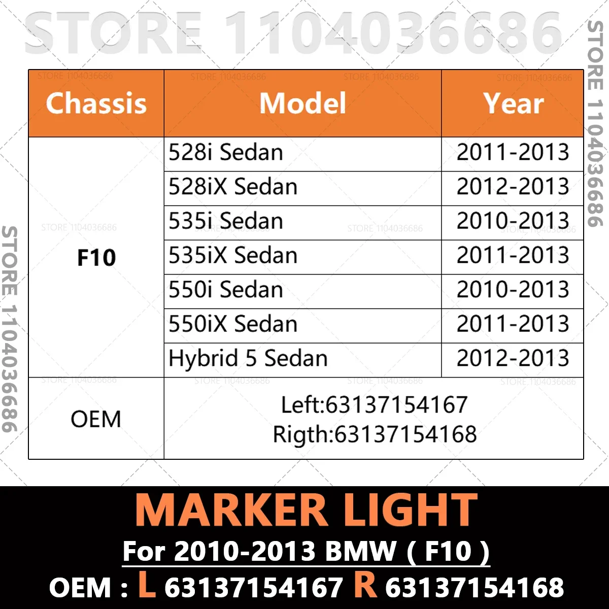 For 2010 2011 2012 2013 BMW F10 528i 535i 550i 550iX Hybrid 5 Fender Front Side Turn Signal Lamp Marker Light