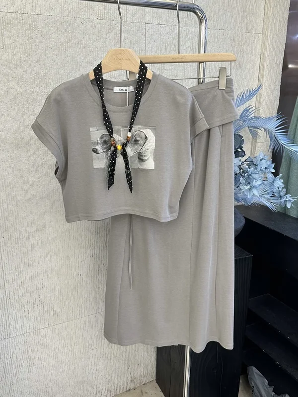 

Korean Style Women's Casual Two-Piece Set Summer 2026 Polka Dot Scarf Printed T-Shirt Waist Belt Half Skirt Fashion Ensemble