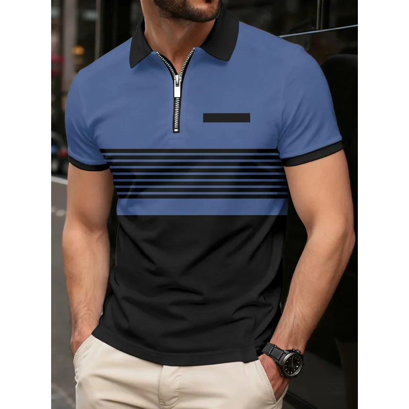 تي شيرت رجالي بأكمام قصيرة، تباين الألوان، طباعة مخططة، جيب بسحاب، موضة الأعمال، فضفاض، قميص بولو الشارع