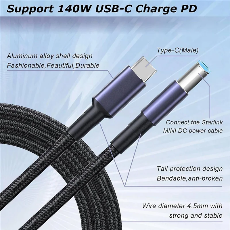 Cable de alimentación diario 2X para Starlink Mini tipo C a CC, compatible con Cable de carga USB C de 140W para Starlink y banco de energía móvil de 180Cm