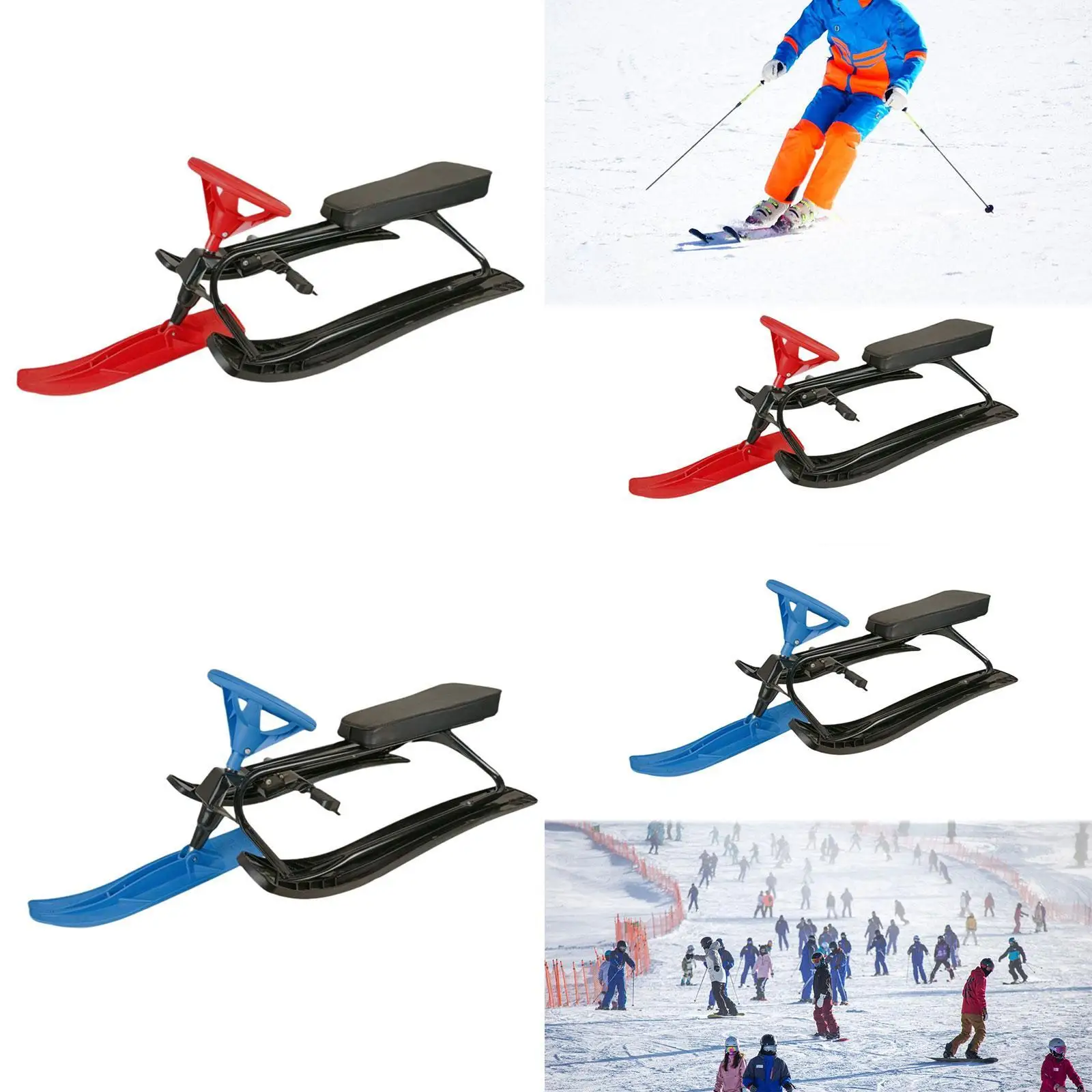 Snow Sled with Steering Wheel Brake Winter Toy Downhill Sled Gift Portable Ski Slider Ski Sled for Kids Girls Children Adults