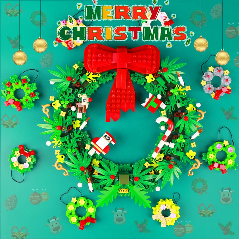 DIY City Merry Christmas Pendant Wreath Series Building Block Street View Snow Tree Elk Santa-Granny Flower Plant MOC Brick Toys