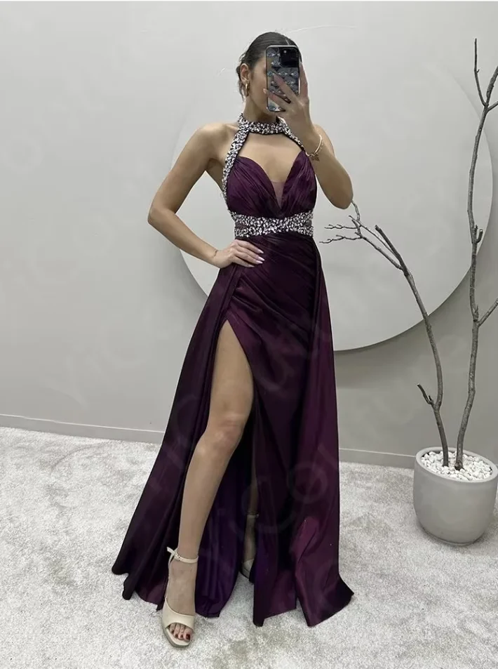 Vestidos de fiesta morados clásicos personalizados, vestidos de noche sin mangas con abertura en el muslo, vestido de fiesta de cumpleaños con cuello Halter, vestido de noche con espalda descubierta