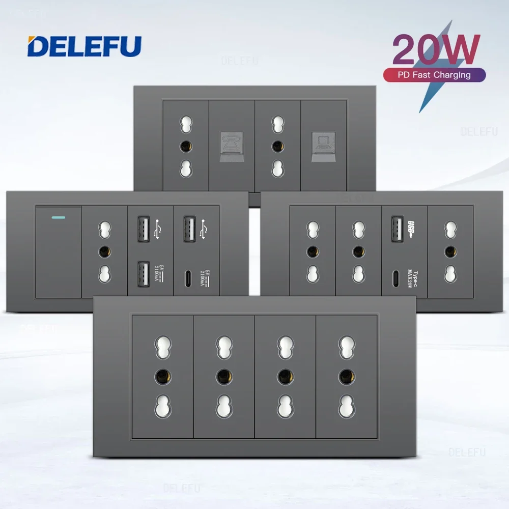 DELEFU Flame Retardant SC31 Panel 145mm Gray Italian Standard USB Type C Fast Charging Wall Socket Switch TV Phone CAT5 CAT6