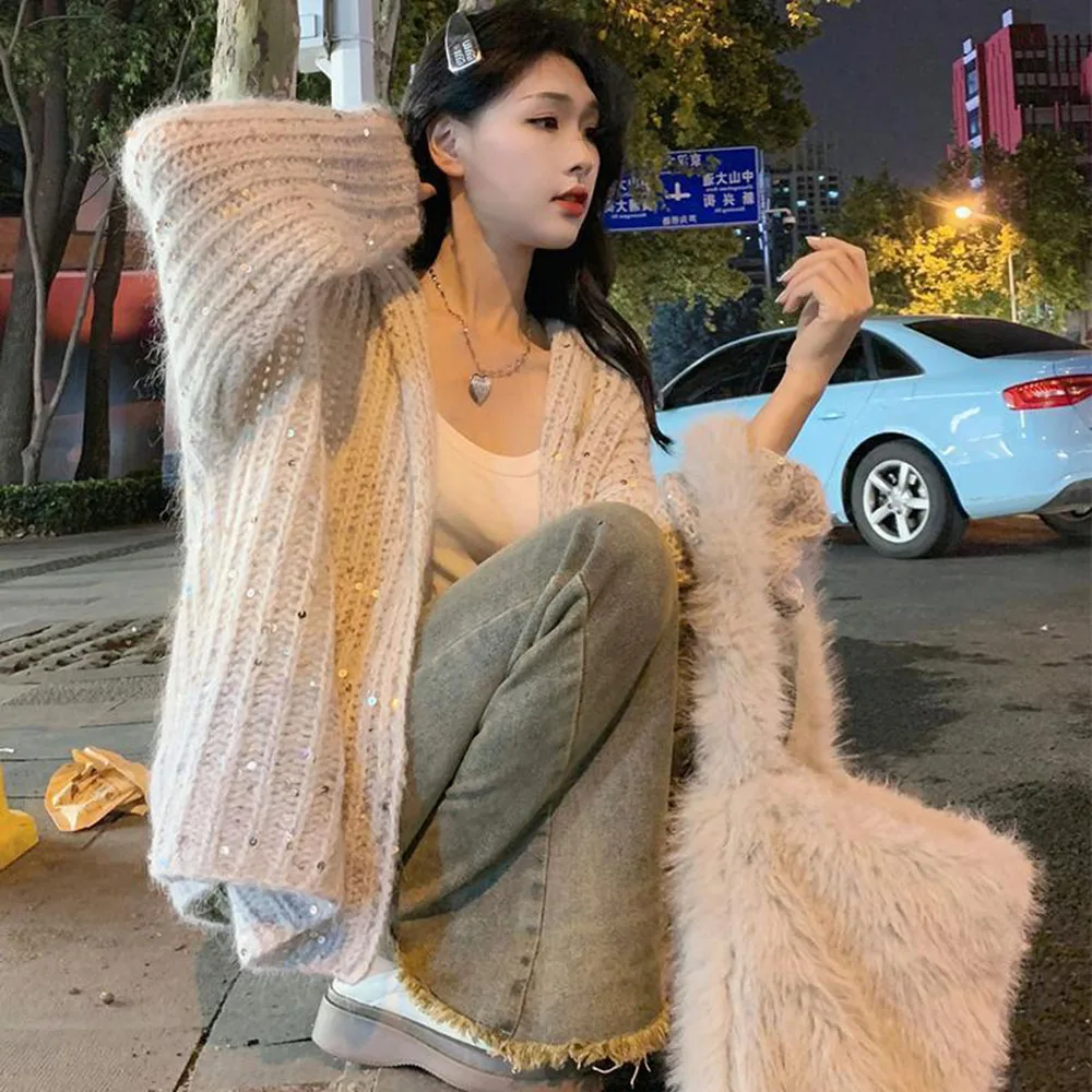 Korean Sequin Cardigan Jackets for Womenn Oversize Sueter Mujer Hooded Fashion Femme Autumn Winter Clothing Knitted Sweater Coat